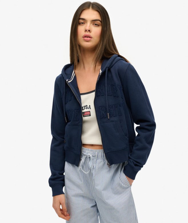 Superdry Damen Baumwolle Appliquéd Logo Kurzes Athletic Essentials Kapuzenpullover Mit Reißverschluss, Marineblau - Größe: 44