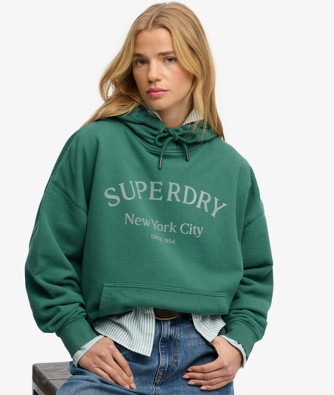 Superdry Damen Baumwolle Gedruckt Luxe Lässiger Kapuzenpullover in Lockerer Passform, Grün & Grau - Größe: 44