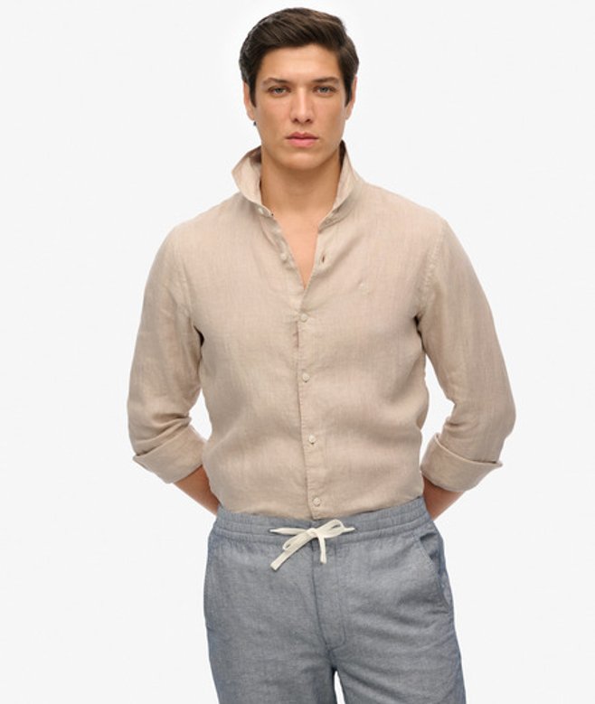 Superdry Herren Besticktes Vacation Leinenhemd Beige - Größe: S