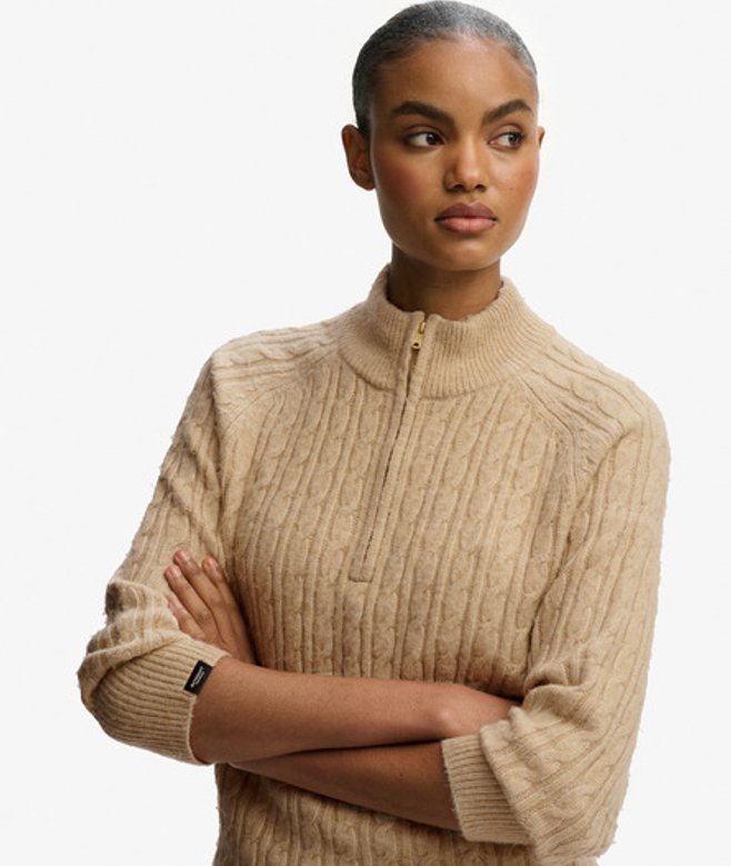 Superdry Damen Gebürsteter Henley-pullover mit Zopfmuster Beige - Größe: 38
