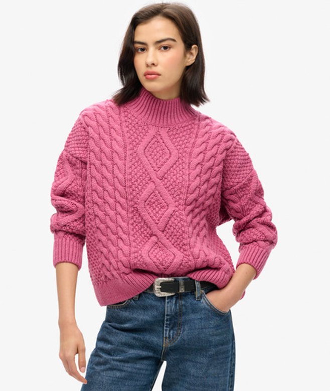Superdry Damen Aran Polo-strickpullover mit Zopfmuster Pink - Größe: 36