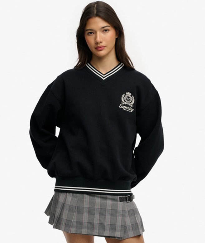Superdry Damen Country Club Crest V-ausschnitt Sweatshirt Navy - Größe: 40