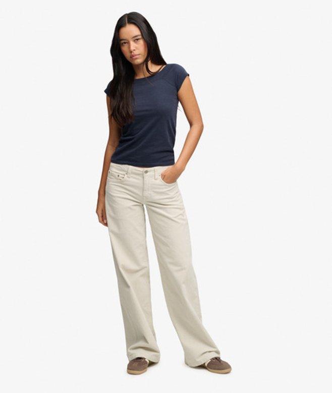 Superdry Damen Baggy Cordhose mit Mittlerer Bundhöhe Cream - Größe: 30/32