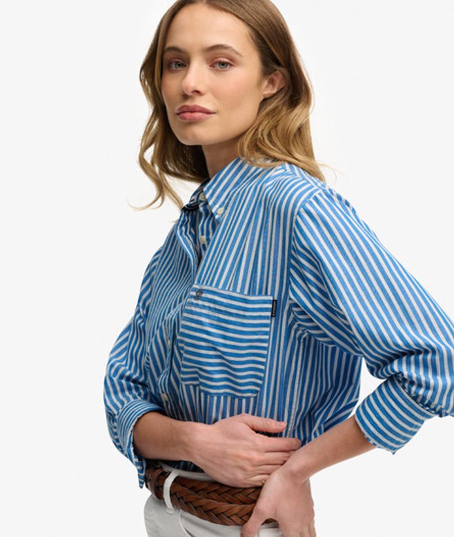 Superdry Damen Poplin Langarmhemd mit Lockerer Passform Blue - Größe: 42