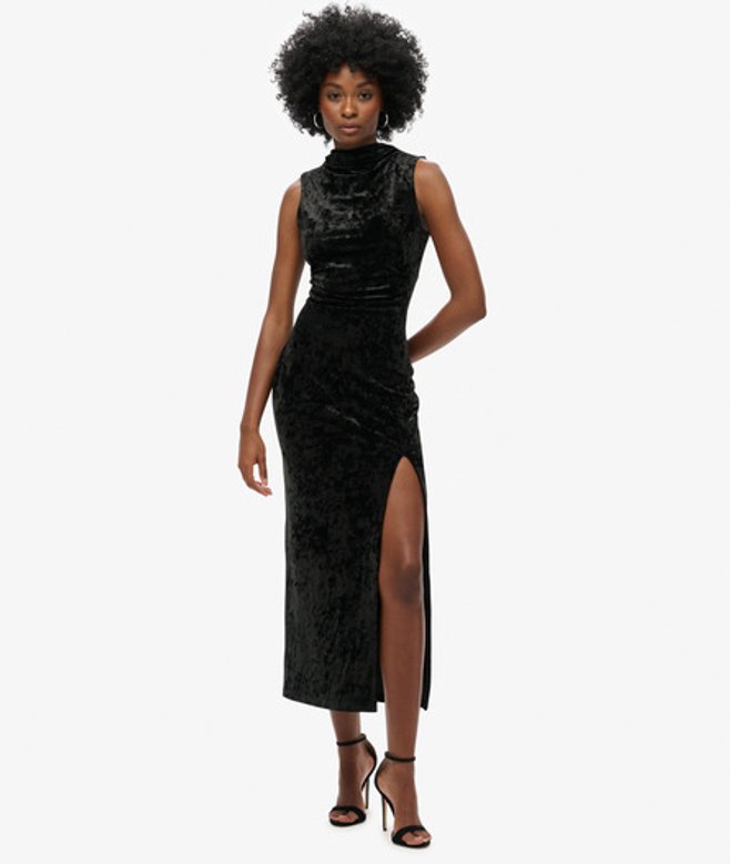 Superdry Damen Maxikleid aus Samt Schwarz - Größe: 40