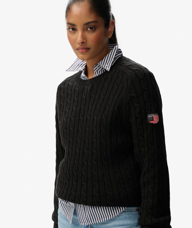 Superdry Damen Lässiger Zopfmuster-pullover Black - Größe: 38