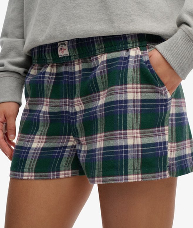 Superdry Damen Karierte Baumwollshorts mit Elastikbund Green - Größe: 34