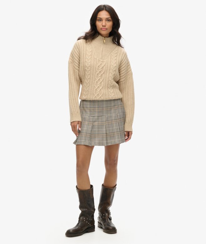 Superdry Damen Vintage Tweed-minirock mit Falten Beige - Größe: 40