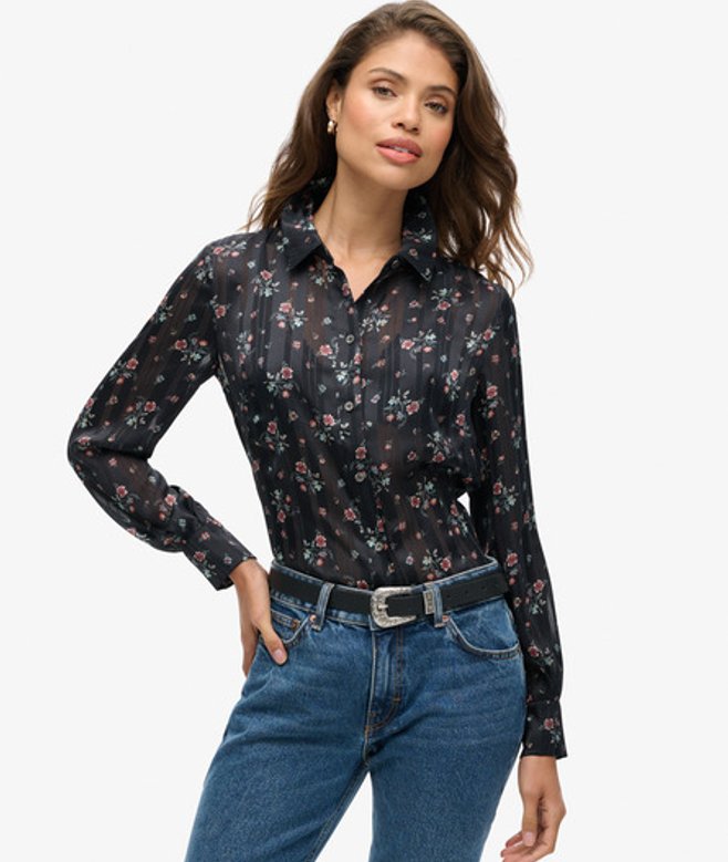 Superdry Damen Transparente Bluse mit Glitzer-print Schwarz - Größe: 42
