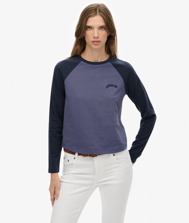 Superdry Damen Essential Baseballoberteil mit Langen Ärmeln und Logo Navy - Größe: 38