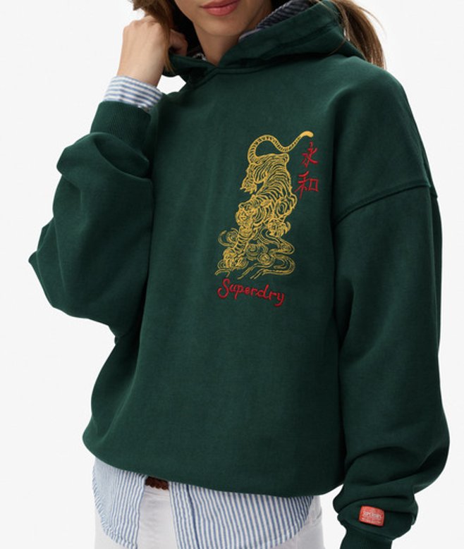 Superdry Damen Baumwolle Gesticktes Logo Tokyo Narrative Übergroßes Sweatshirt, Dunkelgrün - Größe: 44