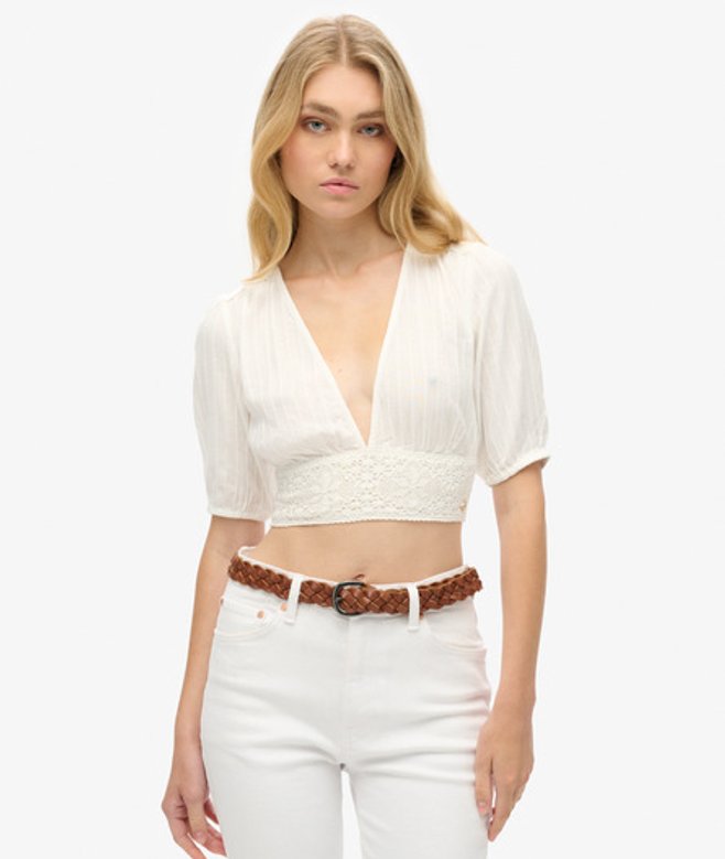 Superdry Damen Weiß Kurzärmeliges Ibiza Oberteil mit Spitzenbesatz, Größe: 38
