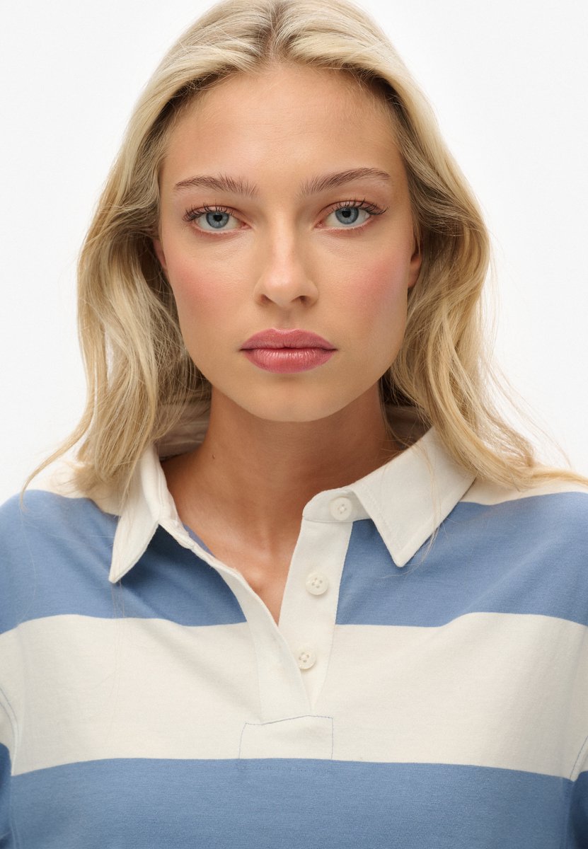 Superdry Damen Athletic Essentials Gestreiftes Rugby-oberteil in Cropped-länge Blue - Größe: 44