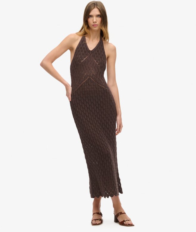 Superdry Damen Häkel-maxikleid mit Nackenträger Braun - Größe: 44