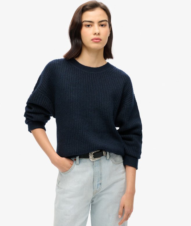 Superdry Damen Angerauter Pullover mit Rundhalsausschnitt Marineblau - Größe: 44