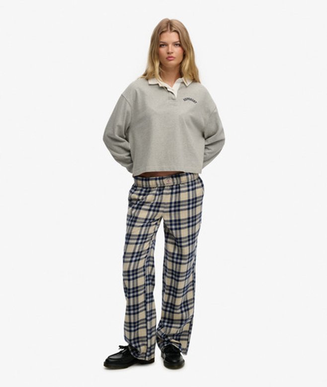 Superdry Damen Karierte Baumwollhose mit Elastikbund Blue - Größe: 36