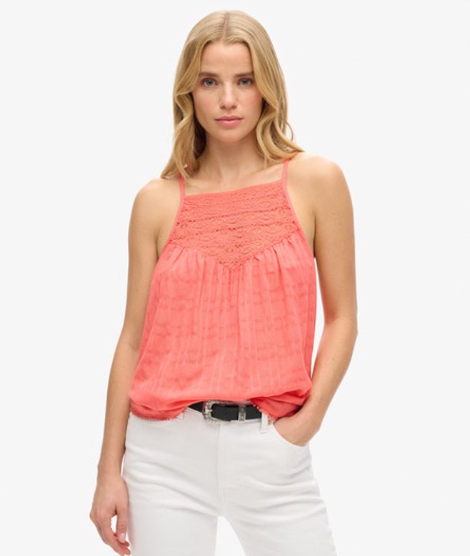 Superdry Damen Strand-trägertop mit Spitze Koralle - Größe: 42
