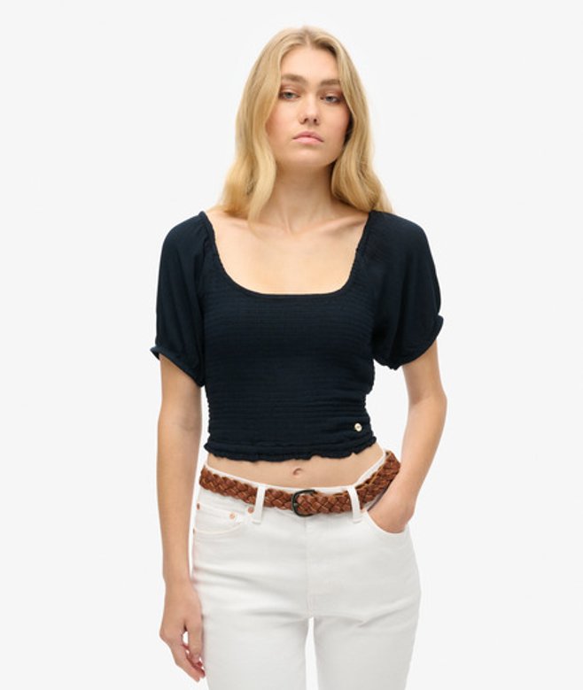 Superdry Damen Gesmoktes Oberteil aus Webstoff Marineblau - Größe: 44