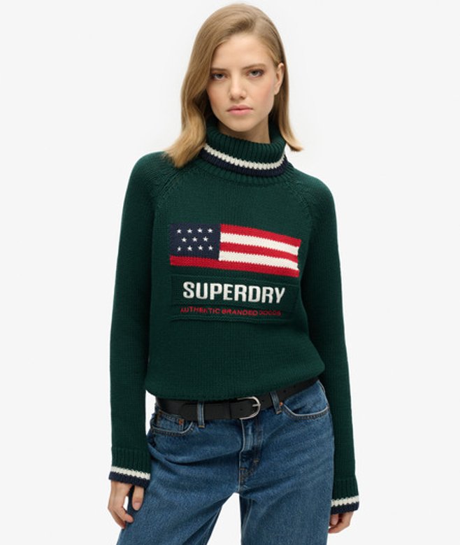 Superdry Damen Americana Strickpullover mit Rollkragen Green - Größe: 34