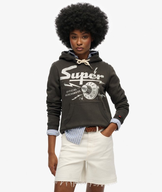 Superdry Damen Baumwolle Grafik Band Merch Hoodie, Schwarz & Weiß - Größe: 40