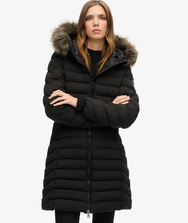Superdry Damen Mittellanger Fuji Steppmantel mit Kapuze aus Kunstfell Schwarz - Größe: 38