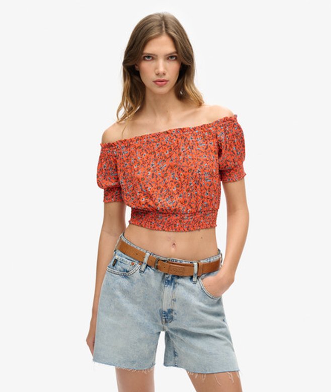 Superdry Damen Gesmoktes Kurztop mit Kurzen Ärmeln Orange - Größe: 36