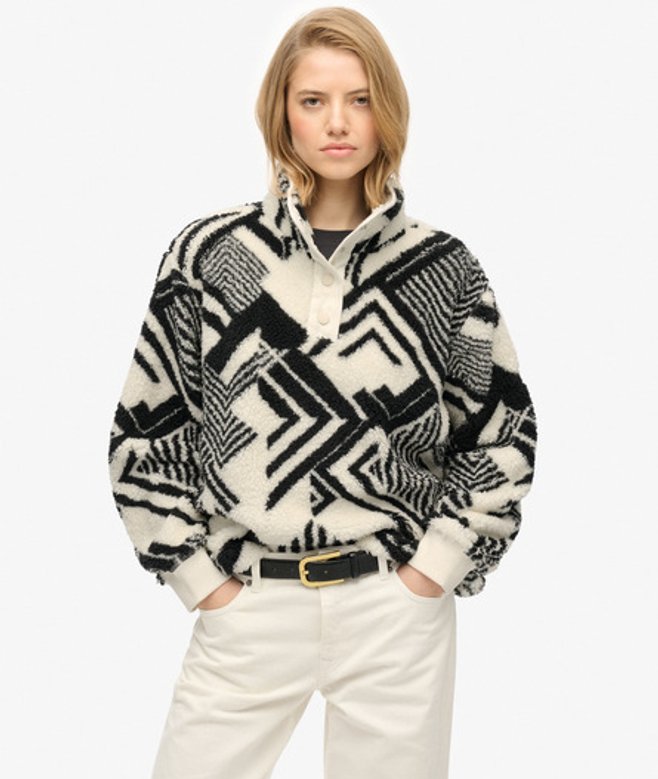 Superdry Damen Bedruckter Superweicher Teddyfleece Henley Pullover, Schwarz & Creme - Größe: 40