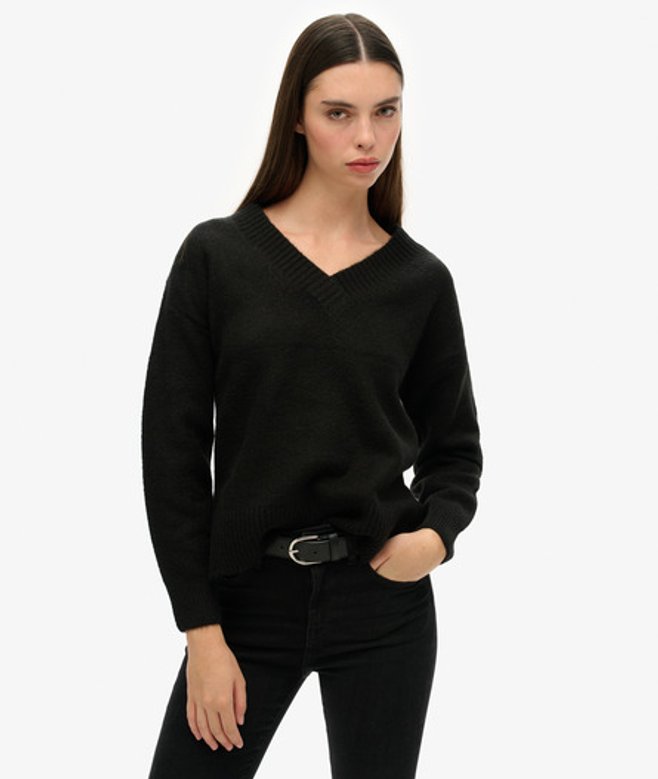 Superdry Damen Pullover mit V-ausschnitt in Übergröße Schwarz - Größe: 34
