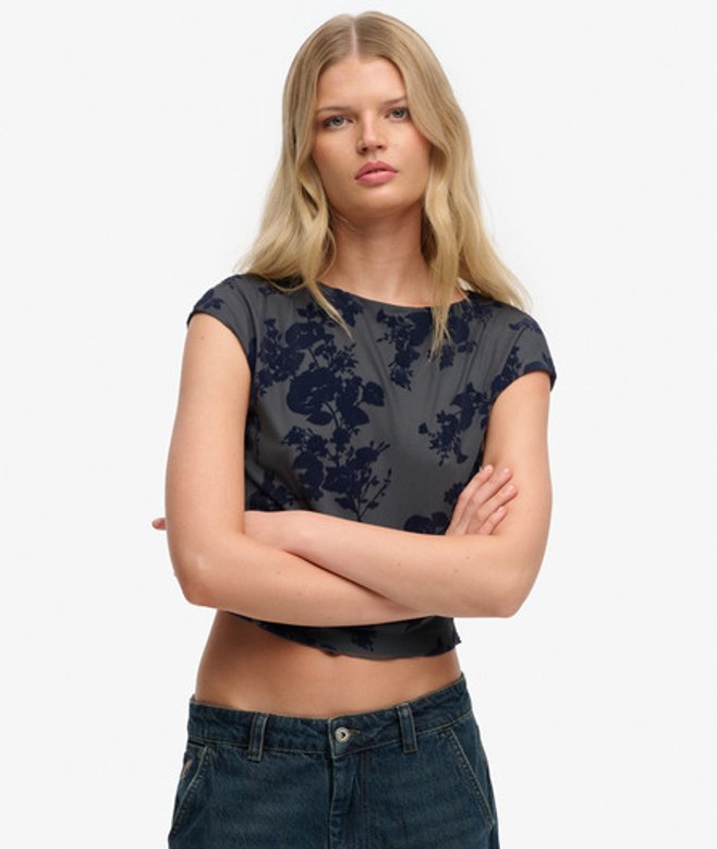 Superdry Damen Beflocktes Mesh-oberteil mit Kurzen Ärmeln Blue - Größe: 38