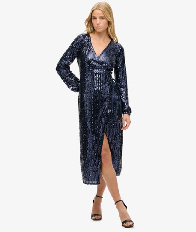Superdry Damen Maxikleid in Wickeloptik mit Pailletten Marineblau - Größe: 38