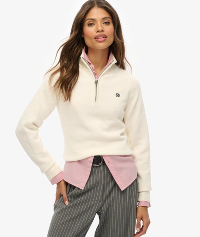 Superdry Damen Essentials Strickpullover mit Reißverschluss in Schmaler Passform Cream - Größe: 44