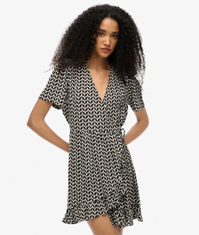 Superdry Women's Kurzärmeliges, Bedrucktes Mini-wickelkleid Schwarz - Größe: 40