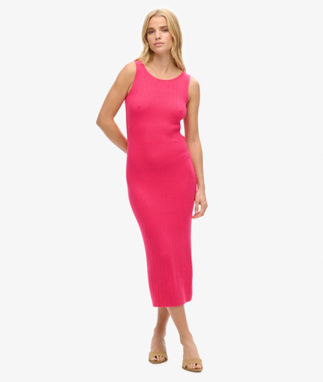 Superdry Damen Rückenfreies Gestricktes Midikleid Pink - Größe: 44