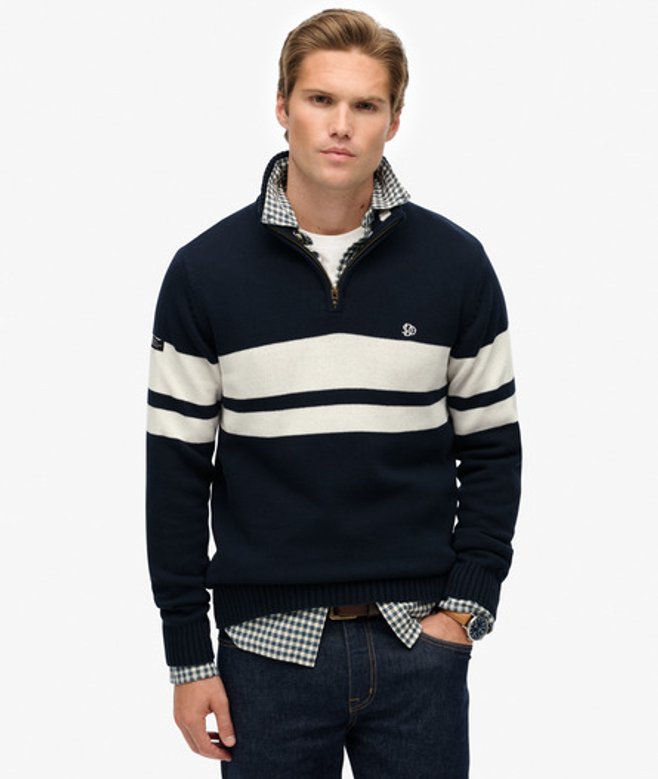 Superdry Herren Gestreifter Baumwoll-pullover mit Reißverschluss Navy - Größe: XL