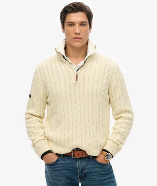 Superdry Herren Organic Cotton Klassischer Zopfmuster-pullover mit Reißverschluss Cream - Größe: M