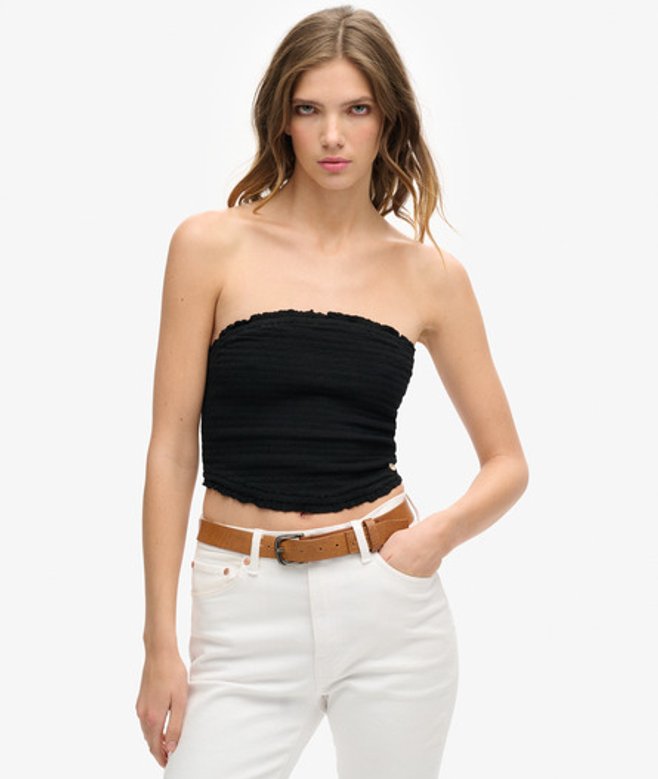Superdry Damen Schwarz Gesmoktes Bandeau-Oberteil, Größe: 42