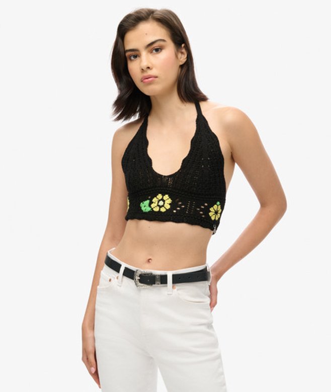 Superdry Damen Schwarz Bustier mit Häkelblumen, Größe: 40