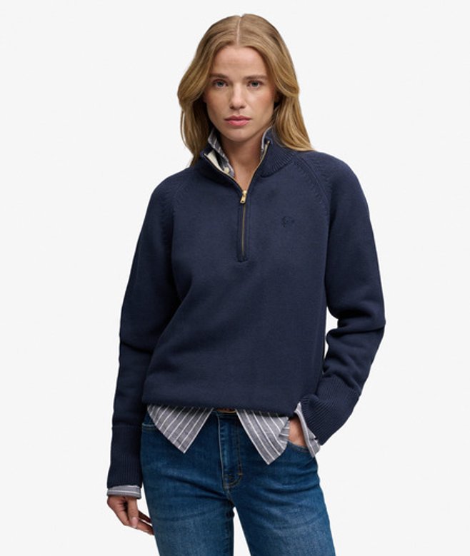 Superdry Damen Classic Cotton Strickpullover mit Reißverschluss Marineblau - Größe: 44