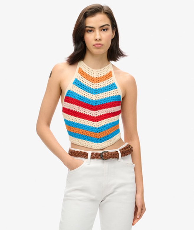 Superdry Damen Creme, Blau und Rot Häkeloberteil mit Zipfelsaum Nackenträger Farbblock, Größe: 36