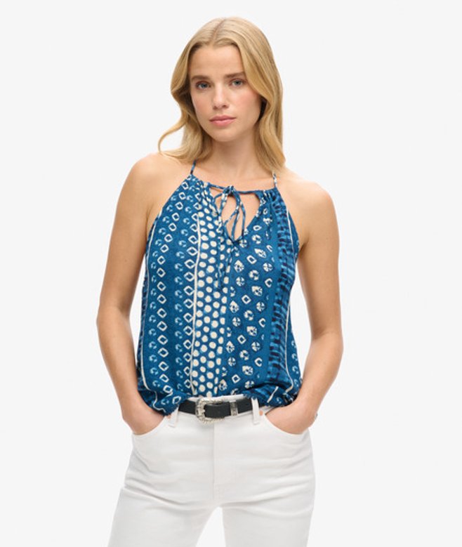 Superdry Damen Strandoberteil mit Nackenträger und Print Blau - Größe: 36