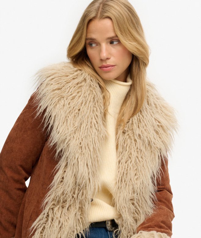 Superdry Damen Langer Afghan Mantel Brown - Größe: 36