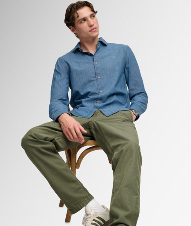 Superdry Herren Essentials Chambray-hemd mit Langen Ärmeln Light Blue - Größe: M