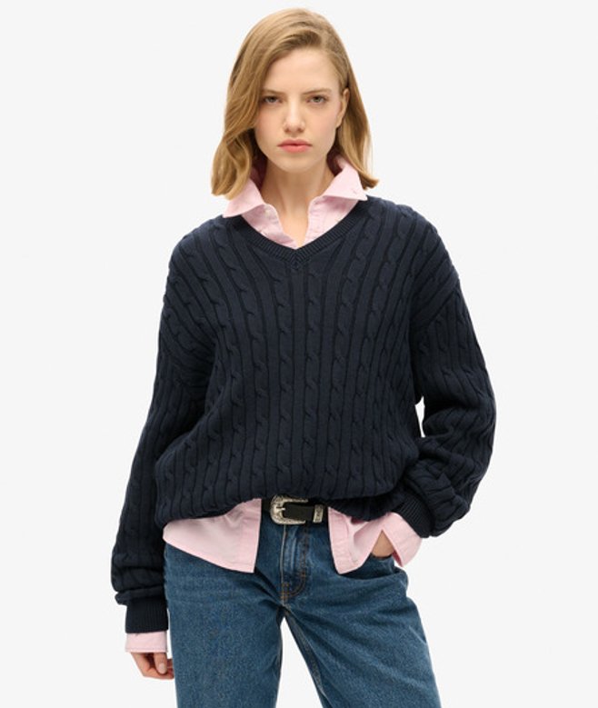 Superdry Damen Marineblau Pullover mit V-Ausschnitt und Zopfmuster in Übergröße Gestrickt, Größe: 42-44