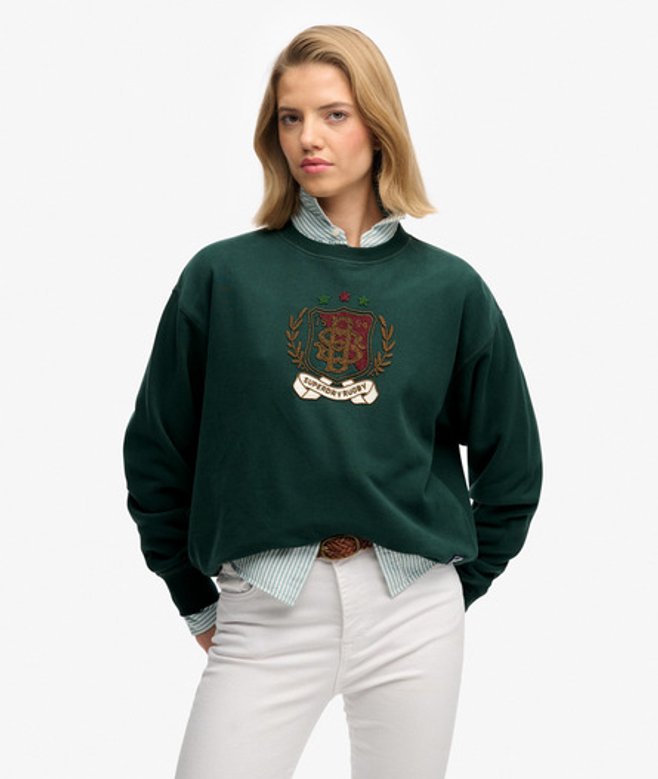 Superdry Damen Baumwolle Gesticktes Crest Lockerer Rundhals Pullover, Dunkelgrün - Größe: 44