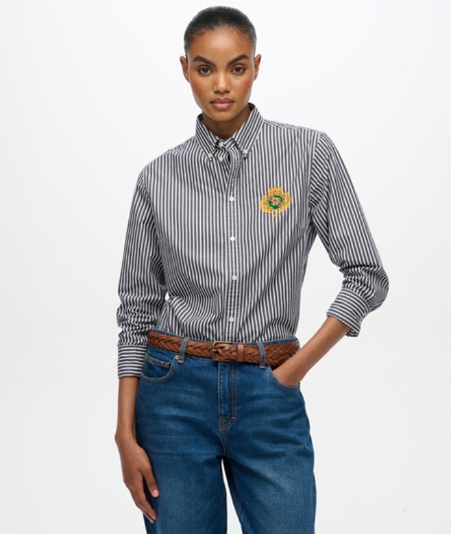 Superdry Damen Schmales, Langärmeliges Hemd aus Popeline mit Wappen Navy - Größe: 38