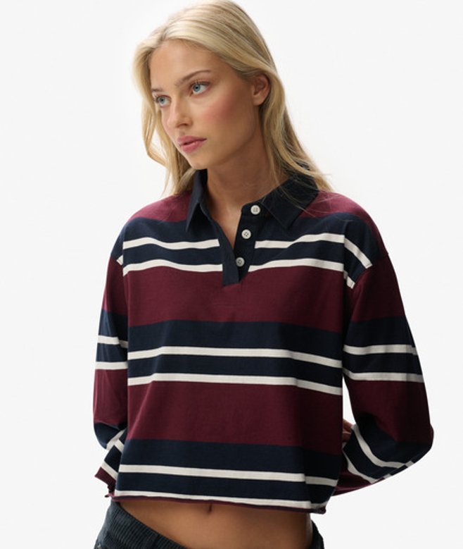 Superdry Damen Athletic Essentials Gestreiftes Rugby-oberteil in Cropped-länge Red - Größe: 40