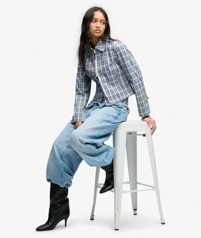 Superdry Damen Bench Karierte Jacke mit Doppelreißverschluss Blue - Größe: XL