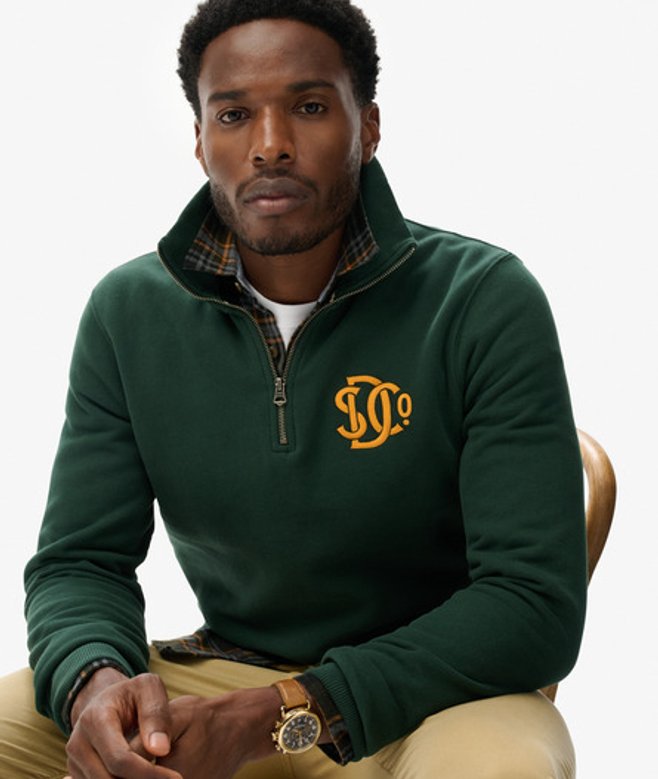 Superdry Herren Baumwolle Gesticktes Logo SD & CO Neon Trainingsshirt Mit Halbreißverschluss, Dunkelgrün - Größe: M