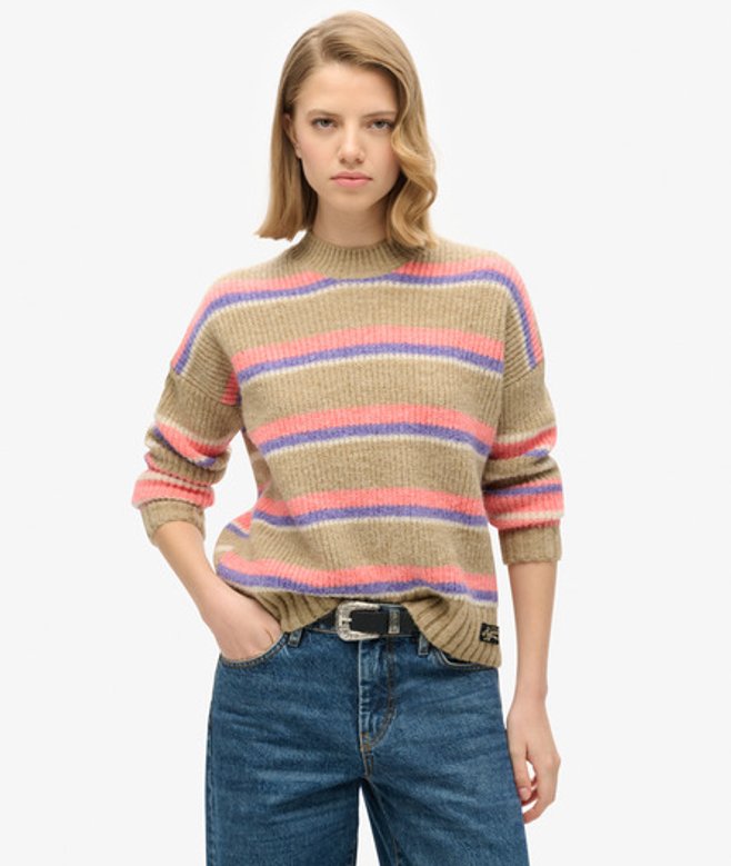 Superdry Damen Gestreifter, Mehrfarbiger Pullover mit Rundhalsausschnitt Braun - Größe: 44