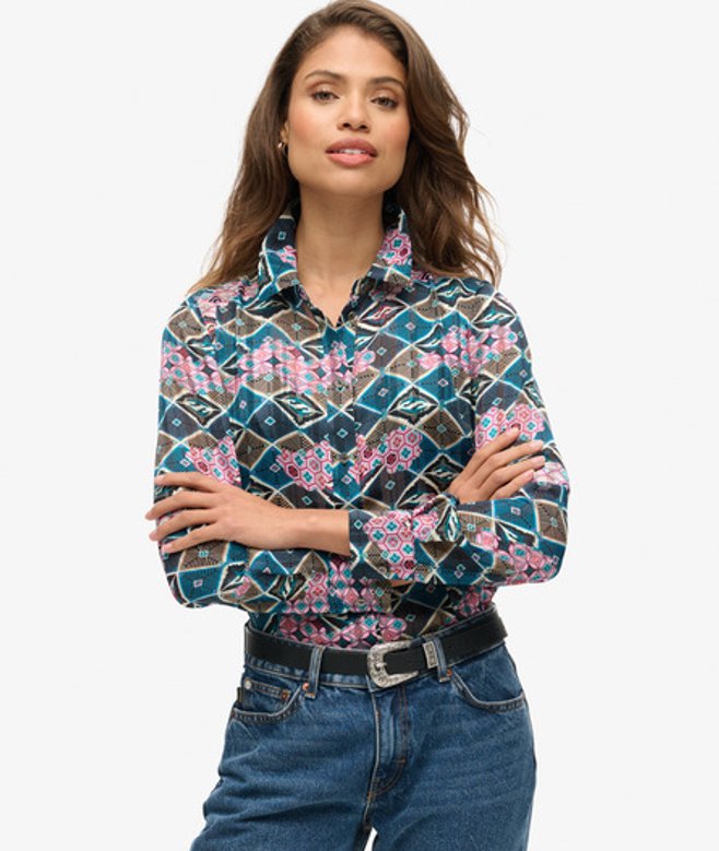 Superdry Damen Blau, Rosa und Grün Transparente Lurex-Bluse mit Print, Größe: 44